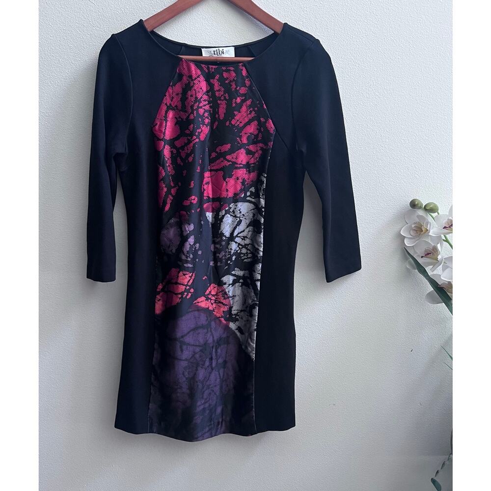 Tibi Women's Silk Tree Printed Scoop Neck Black Long Sleeve Mini Dress Size 6‎